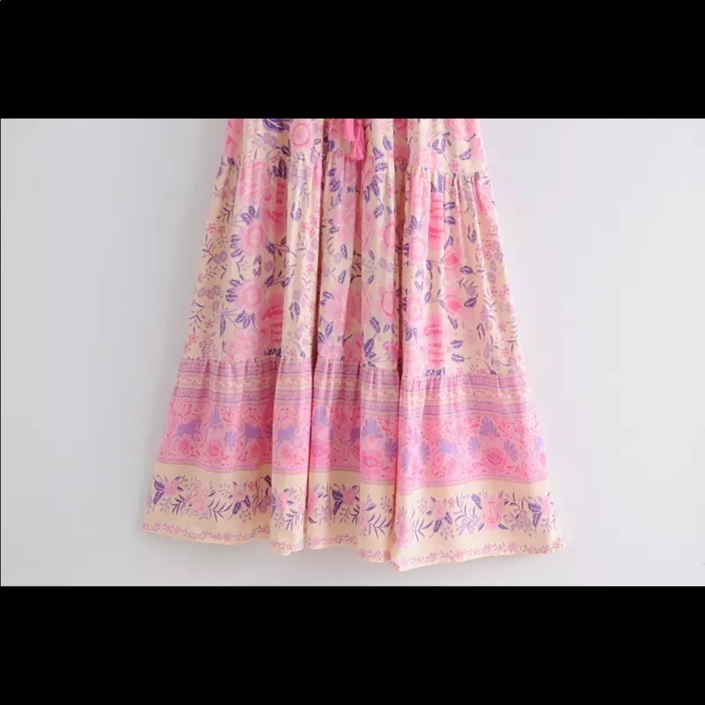 Pink boho gypsy midi dress floral print cream - Picture 5 of 7